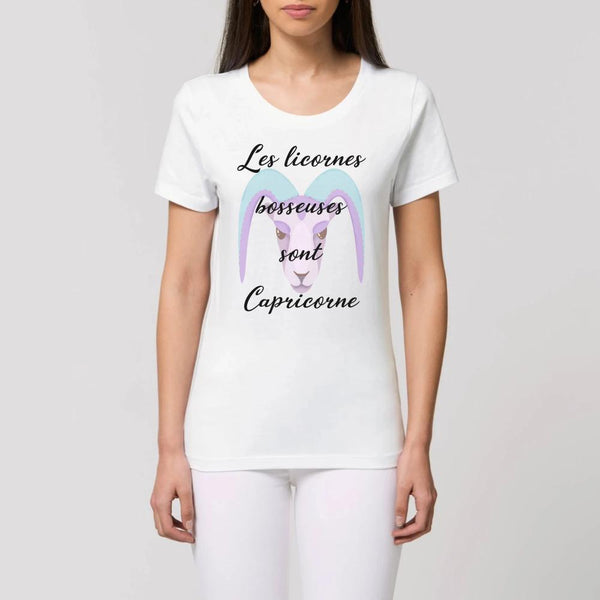 t-shirt licorne bosseuse capricorne XS S M L XL blanc coton bio 