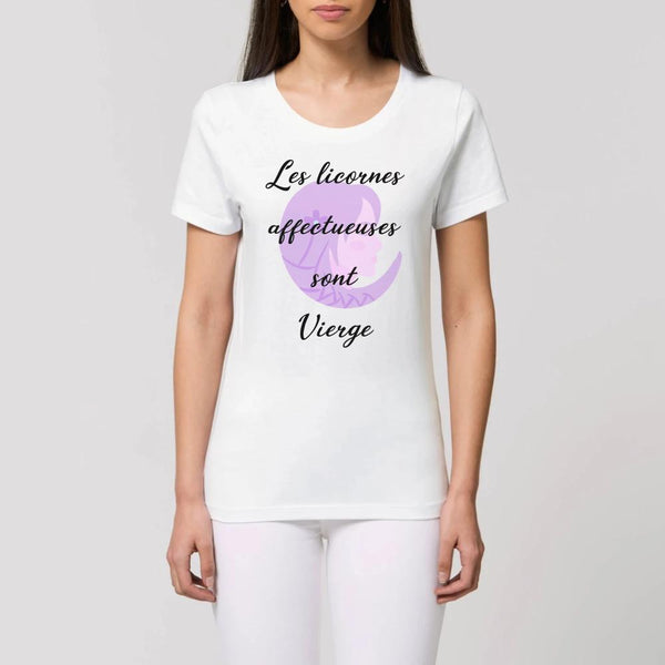 t-shirt licornes affectueuses vierge femme XS S M L XL blanc coton bio 
