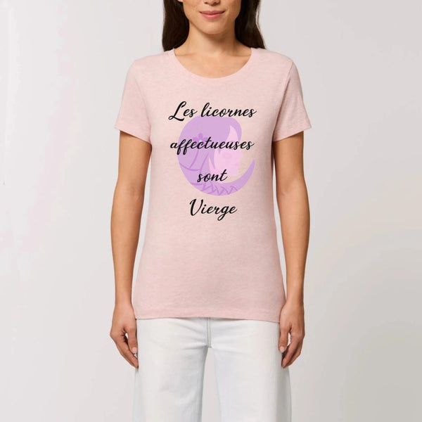 t-shirt licornes affectueuses vierge femme XS S M L XL rose coton bio