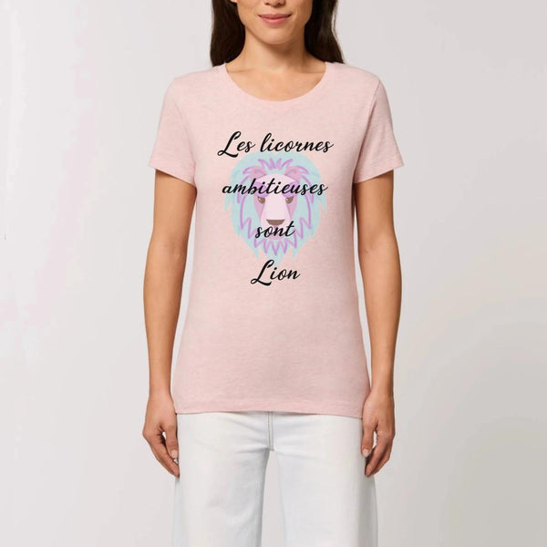 t-shirt licornes ambitieuses Lion XS S M L XL rose coton bio 
