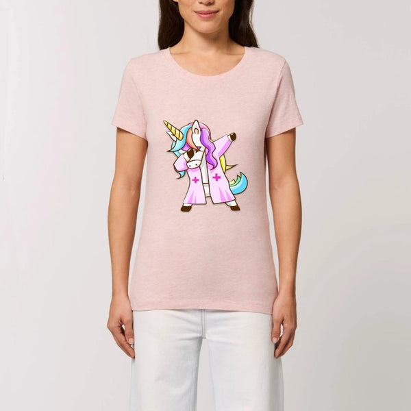 T-shirt licorne infirmière qui dab rose coton bio