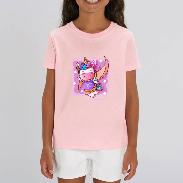 t-shirt licorne enfant rose super girl coton bio