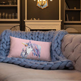 coussin 50x30 licorne mère fille rose sur canapé