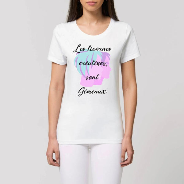 t-shirt licornes créatives Gémeaux XS S M L XL blanc coton bio 