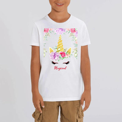 T-shirt Licorne Magical Décor Fleuri blanc coton bio