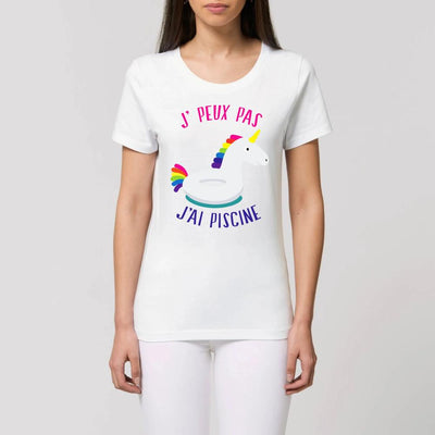 T-shirt licorne j'peux pas j'ai piscine blanc coton bio 