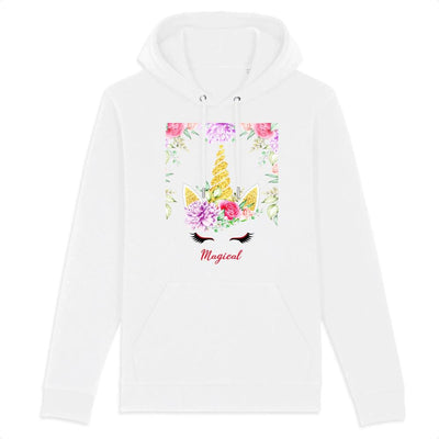 sweat hoodie licorne magical avec fleurs blanc coton bio 