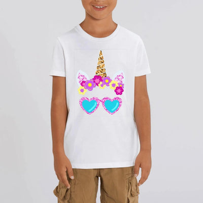 T-shirt licorne à lunettes enfant blanc coton bio