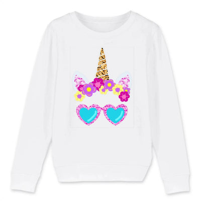 Sweat licorne à lunettes enfant blanc coton bio