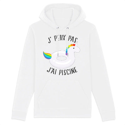 sweat hoodie licorne j'peux pas j'ai piscine blanc coton bio