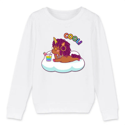 Sweat licorne cool curly enfant blanc coton bio
