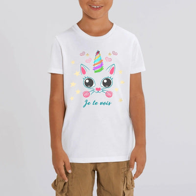 T-shirt licorne caticorn je te vois blanc coton bio