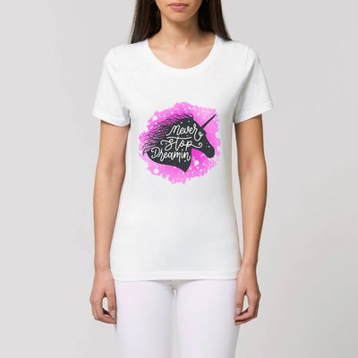 t-shirt licorne never stop dreaming blanc coton bio