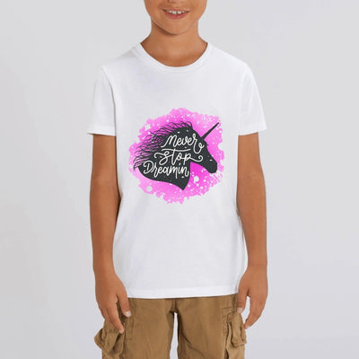 t-shirt licorne never stop dreaming blanc coton bio