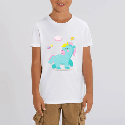 tee shirt enfant blanc licorne bleue coton bio