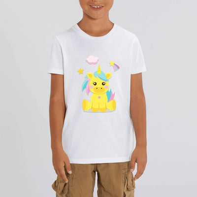 tee shirt enfant blanc licorne jaune coton bio 