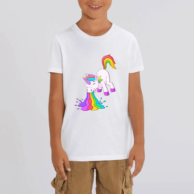 t-shirt licorne enfant blanc qui vomit coton bio
