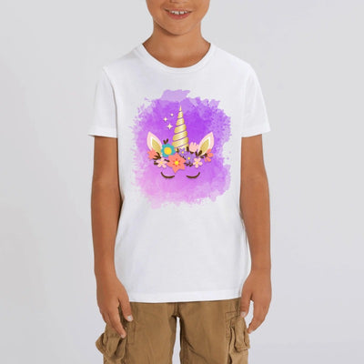 t-shirt licorne enfant blanc couronne fleurie coton bio 