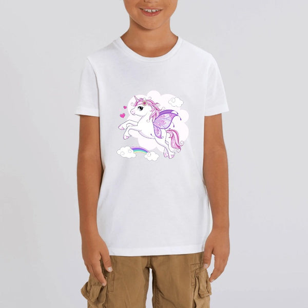 T-shirt licorne papillon enfant blanc coton bio 