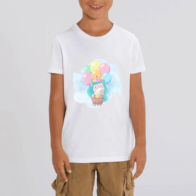 t-shirt licorne enfant blanc voyage ballon coton bio 