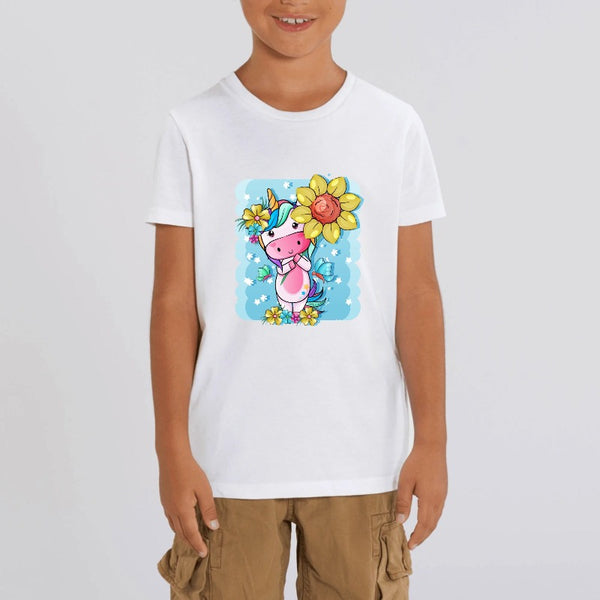 t-shirt licorne enfant blanc tournesol magique coton bio