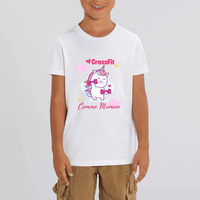 t-shirt licorne enfant blanc j'aime le crossfit comme maman