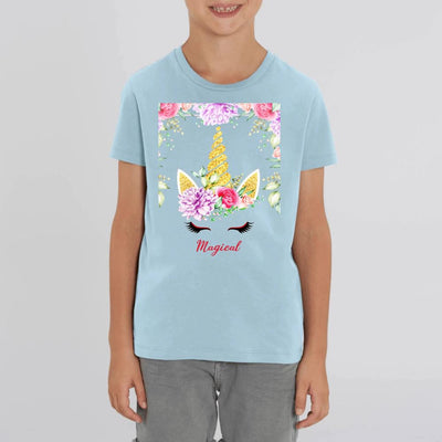 T-shirt Licorne Magical Décor Fleuri bleu coton bio 