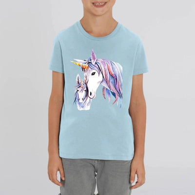 T-shirt licorne mère fille enfant bleu coton bio 