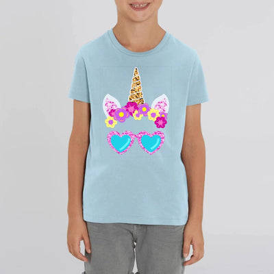 T-shirt licorne à lunettes enfant bleu coton bio