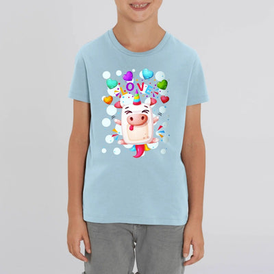 t-shirt licorne crazy love enfant bleu coton bio