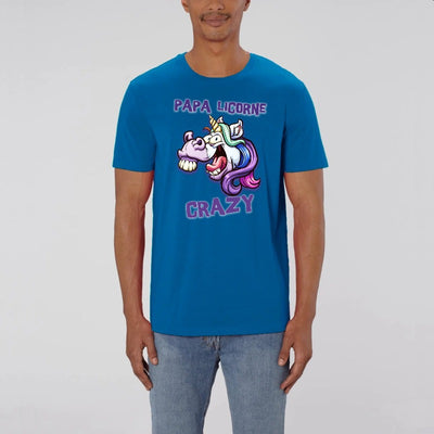 t-shirt homme papa licorne crazy bleu coton bio