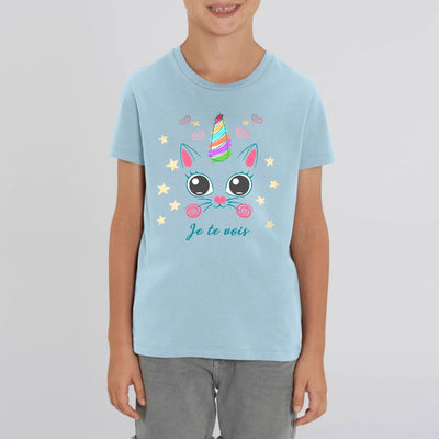 T-shirt licorne caticorn je te vois bleu coton bio