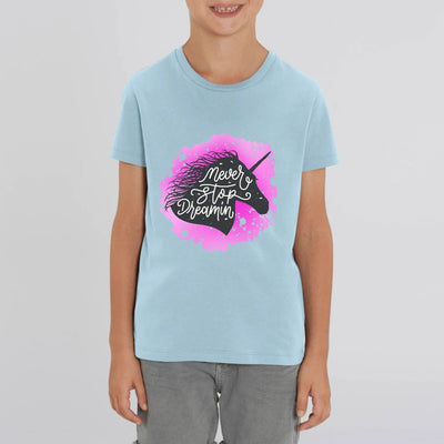 t-shirt licorne never stop dreaming bleu coton bio