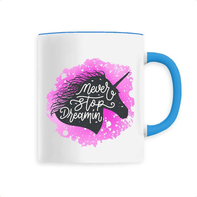 Mug licorne never stop dreaming bleu