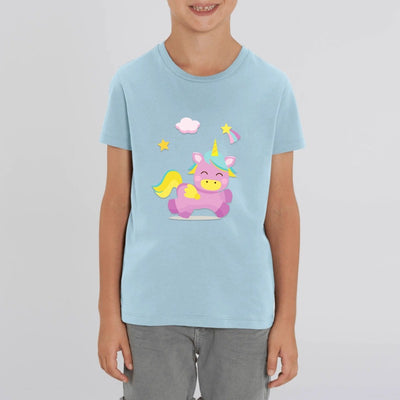 T-shirt Enfant bleu Licorne fuchsia coton bio