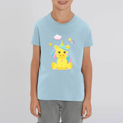 tee shirt enfant bleu licorne jaune coton bio 