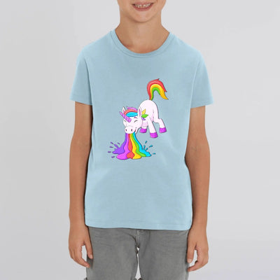 t-shirt licorne enfant bleu qui vomit coton bio