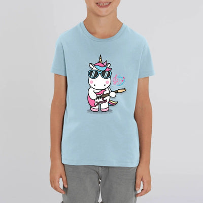 t-shirt licorne enfant bleu play the guitar coton bio 
