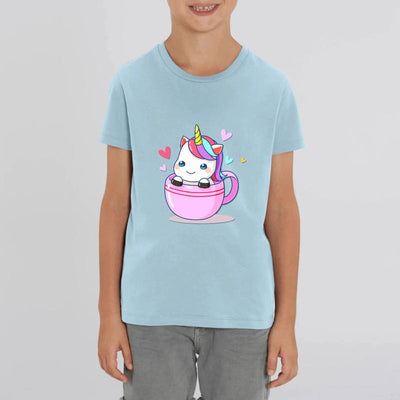 t-shirt licorne enfant bleu tasse à café coton bio 