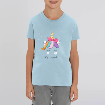 t-shirt licorne enfant bleu it's magical coton bio