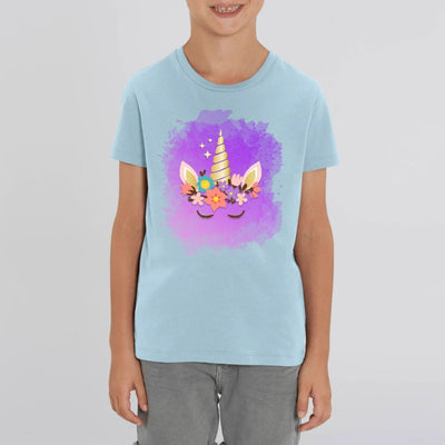 t-shirt licorne enfant bleu couronne fleurie coton bio 