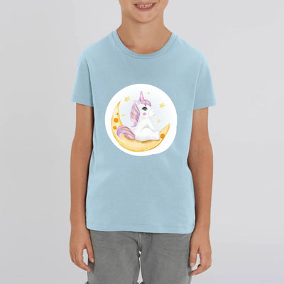 t-shirt licorne enfant bleu assise coton bio 