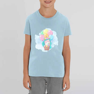 t-shirt licorne enfant bleu voyage ballon coton bio 