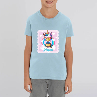 t-shirt licorne enfant bleu sucre d'orge coton bio