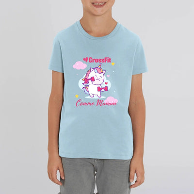 t-shirt licorne enfant bleu j'aime le crossfit comme maman