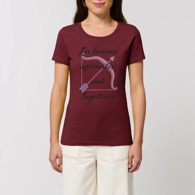 T-shirt licornes optimistes Sagittaire XS S M L XL bordeaux coton bio 