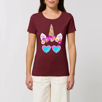 T-shirt licorne lunettes de soleil bordeaux coton bio