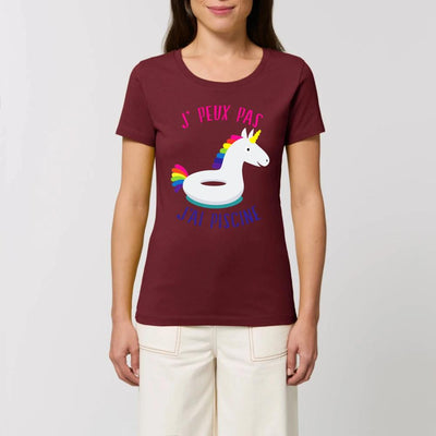 T-shirt licorne j'peux pas j'ai piscine bordeaux coton bio 