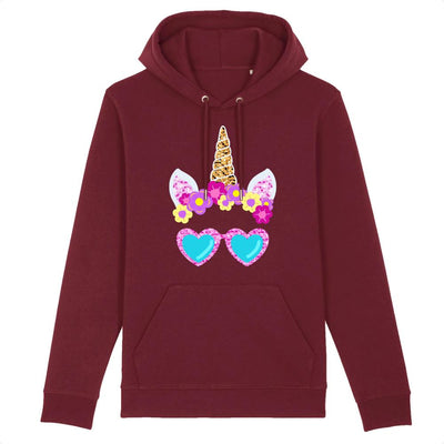 sweat hoodie licorne lunettes de soleil bordeaux coton bio 