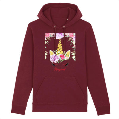 sweat hoodie licorne magical avec fleurs bordeaux coton bio 